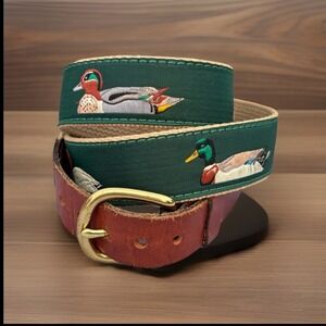 Leather Man Leather Ribbon Club needlepoint Belt Brass Buckle‎ 36 Green Ducks